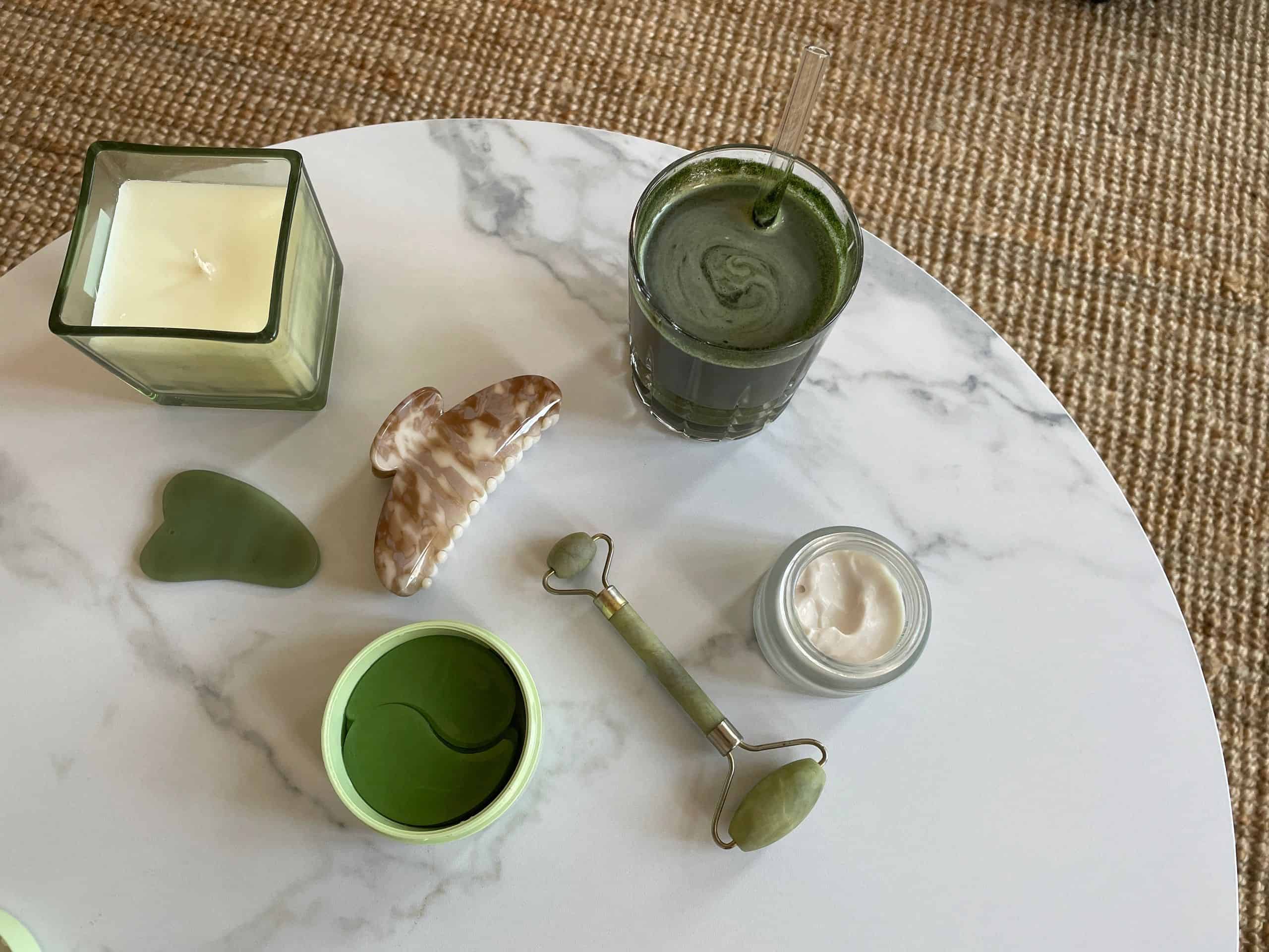 Skincare tools and products arranged for a spa day